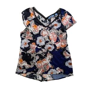 Simply Vera‎ Vera Wang Floral Print Cap Sleeve Top Womens PL Petite Large